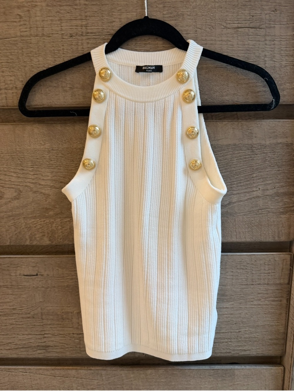 Balmain Cream Ribbed Halter Tank with Gold Buttons -